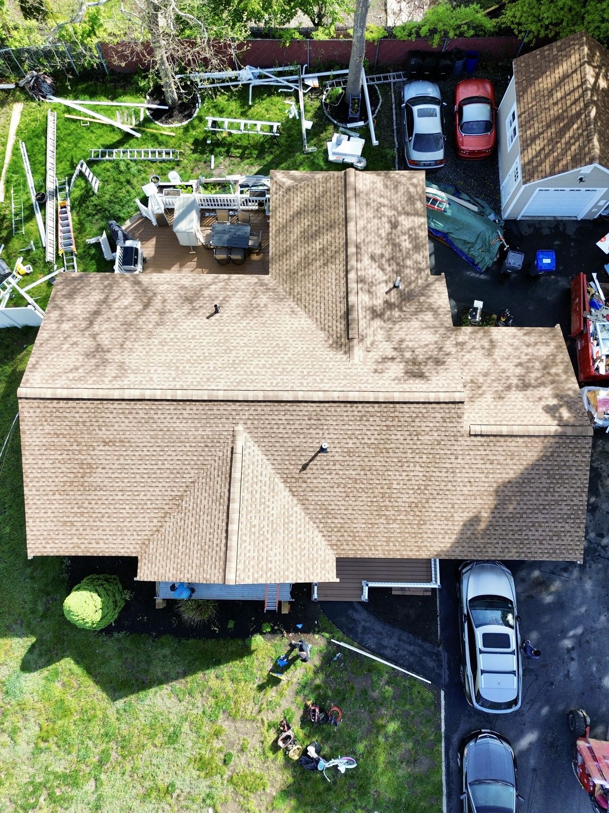 Finished architectural shingle roof from above